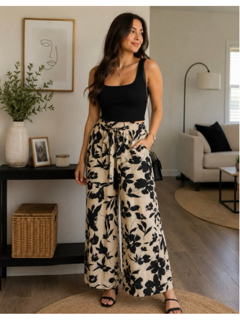 Women's Unbranded Wide Leg Pants XXL Beige Black Floral